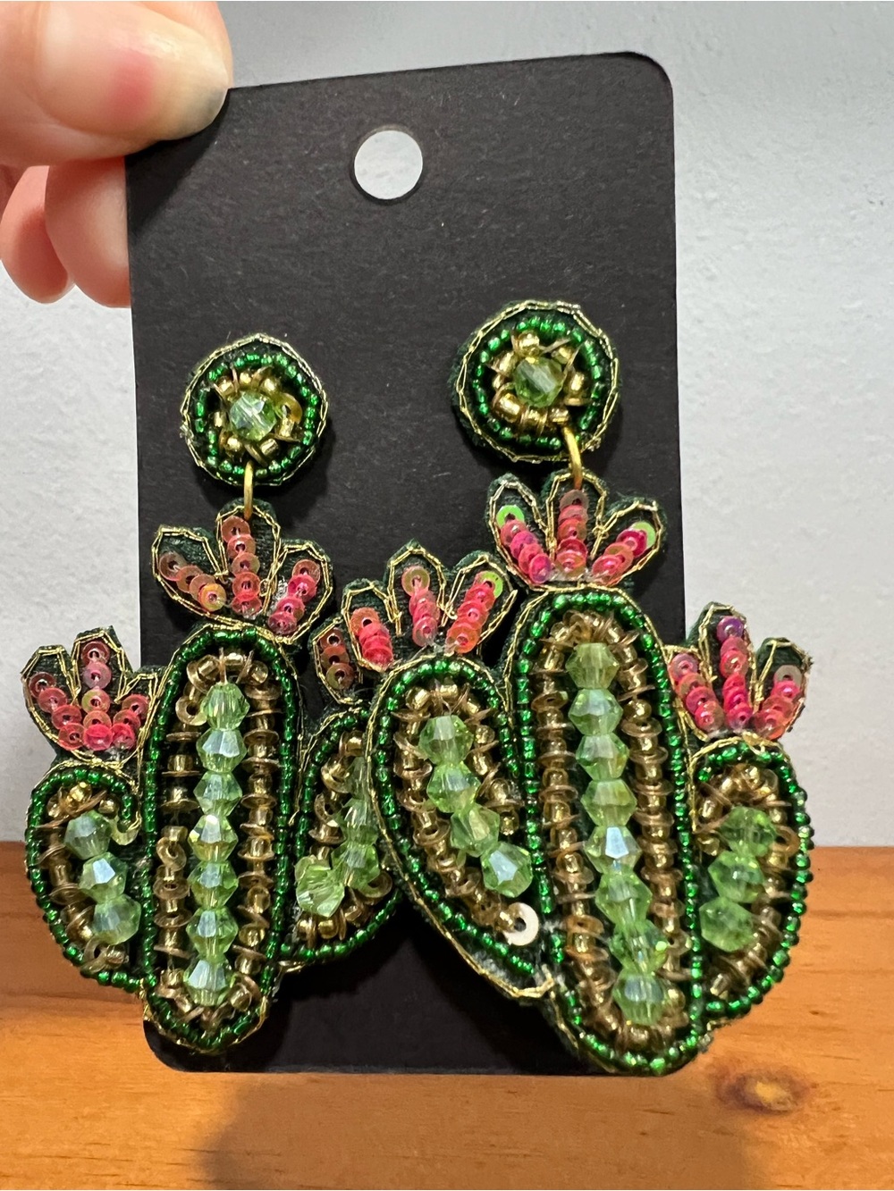 Beaded Cactus Flower Large Stud With Dangle Earrings Green Gold Pink BRAND NEW - Picture 3 of 5
